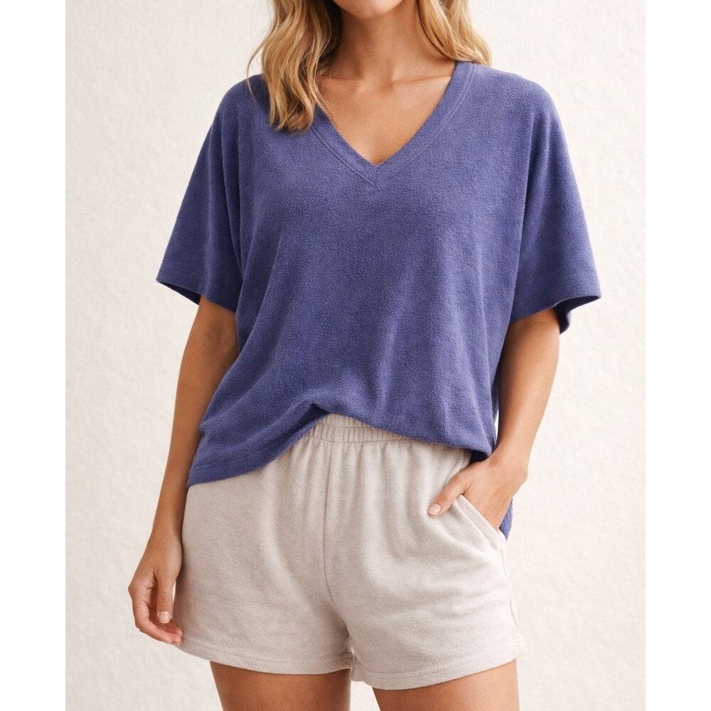 Natori Lounge Shirt Womens Medium Lavender V Neck Terry Cloth Top MSRP $48.00